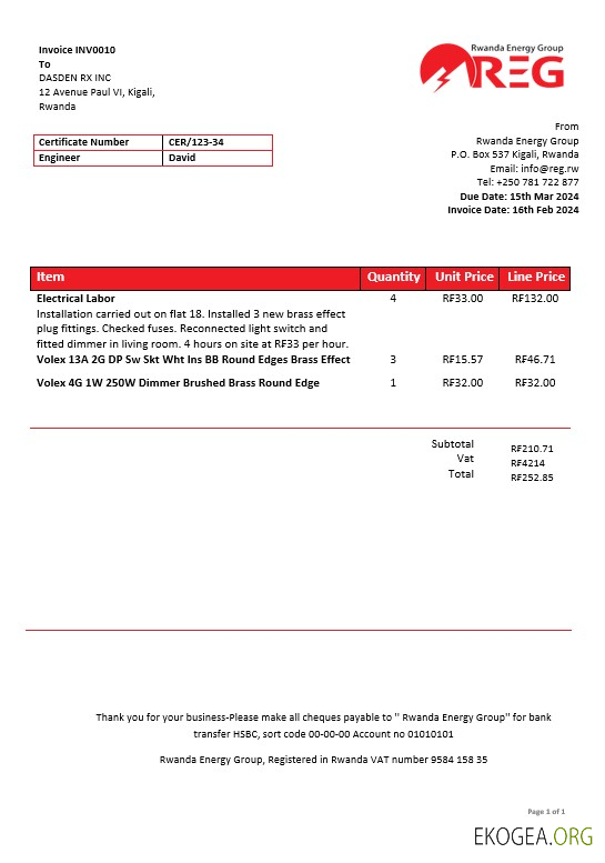 Modèle de facture de services publics d'électricité du Rwanda Energy Group aux formats Word et PDF